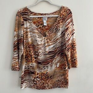 Chicos Abstract Blouse Top Orange Brown Earthy Work Casual sz 2 Large